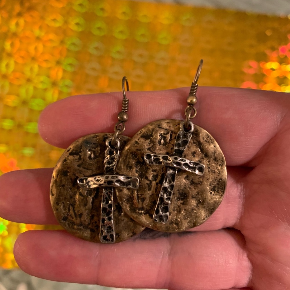 Rustic Jewelry design Earrings gold & silver tone with Cross